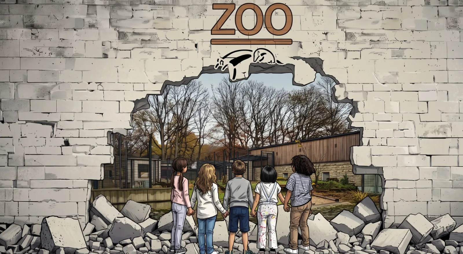 Ausbruch aus dem Zoo in Dortmund: Illustration: eine Gruppe steht vor der aufgebrochenen Mauer eines Zoos.