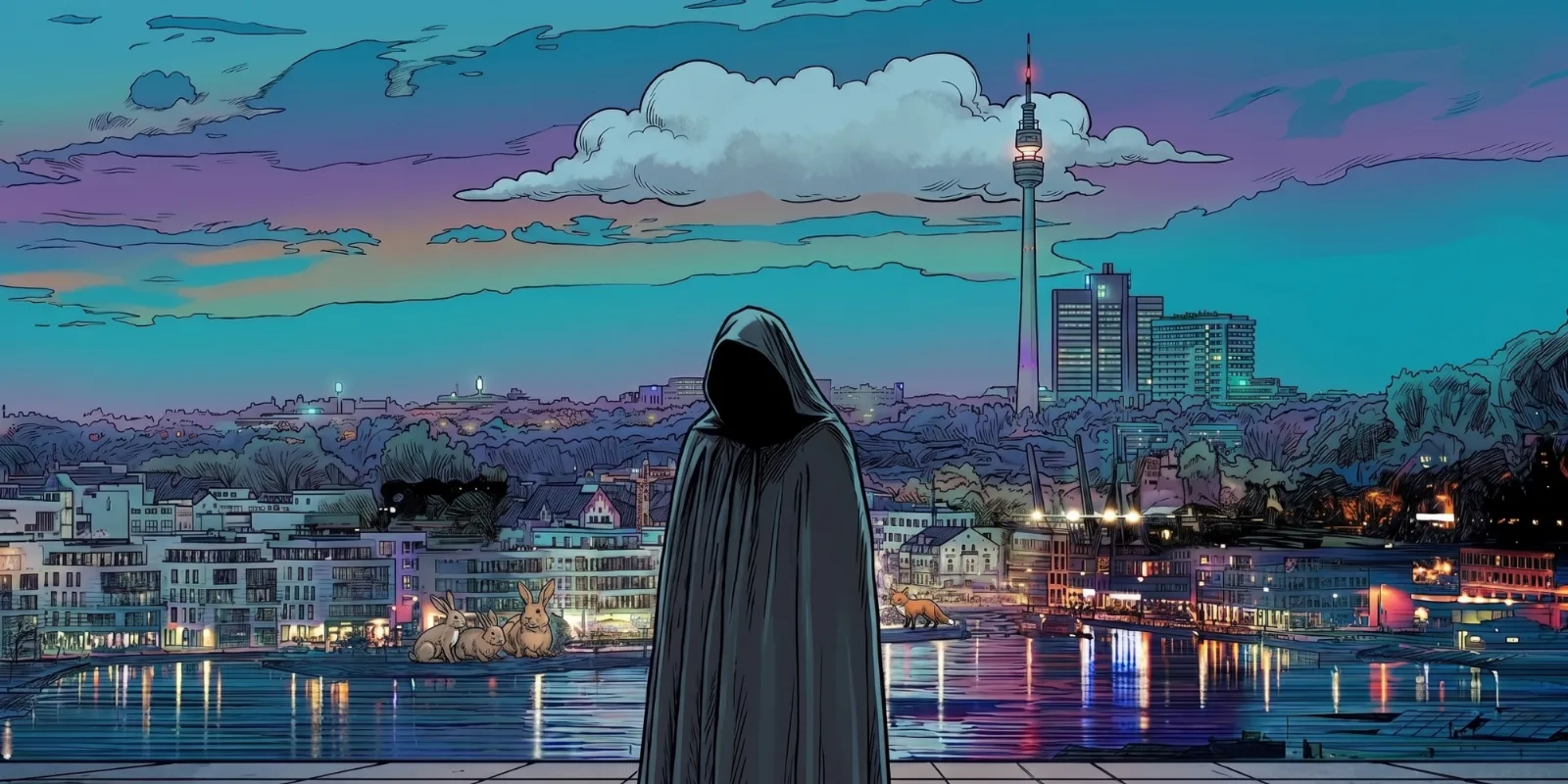 Das Phantom von Dortmund in Dortmund: Illustration: eine verhüllte Gestalt am nächtlichen Phoenixsee vor der Dortmunder Skyline.