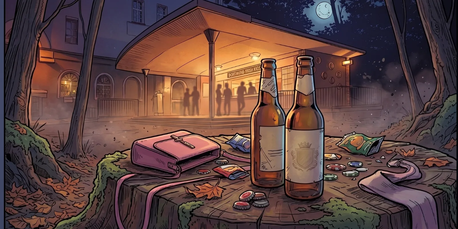Hangover in Dortmund: Illustration: Bierflaschen und liegen gebliebene Sachen auf einem Tisch vor einer Gartenlaube bei Nacht.