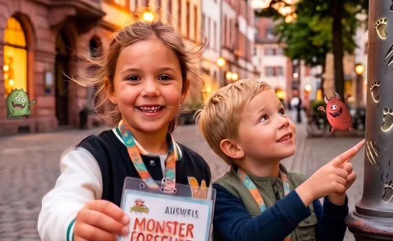 Monster-in-the-City in Dortmund: Zwei Kinder mit Forscherausweis zeigen lachend auf einen Laternenmast in der Innenstadt.