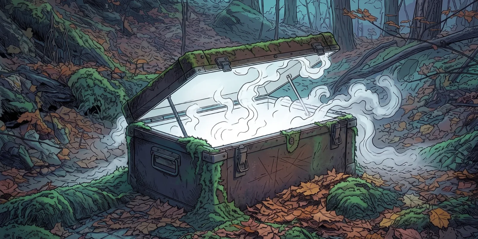 Post aus der Vergangenheit in Dortmund: Illustration: eine geöffnete Kiste im Wald, aus der Licht und Nebel dringen.