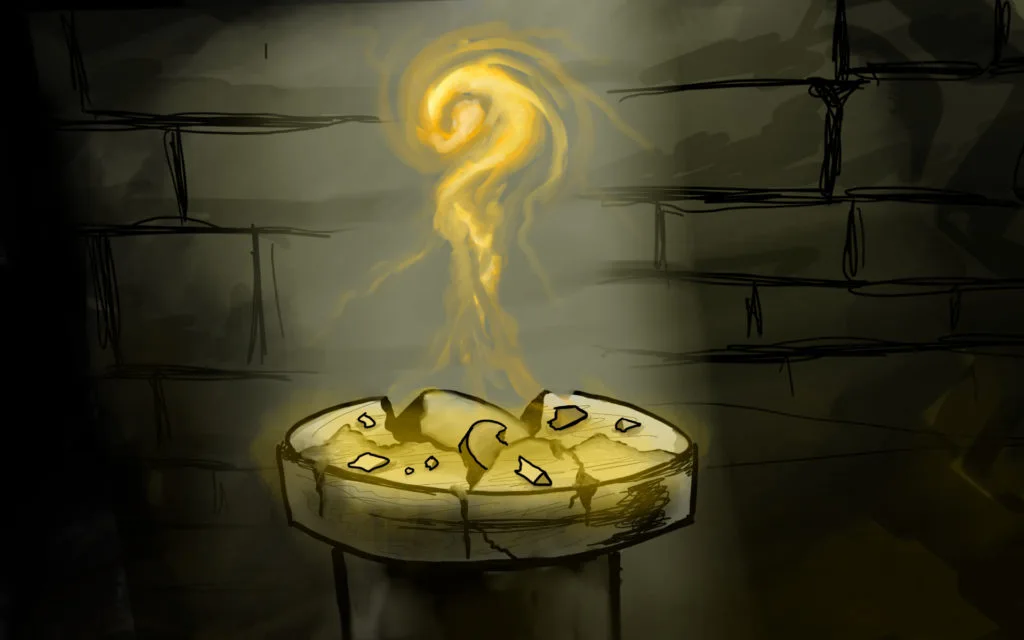 Lucifers Erben in Berlin: Illustration: In einem dunklen Gewölbe steht eine flache Steinschale auf einem Gestell, aus der eine goldene Flamme aufsteigt und sich oben zu einem Wirbel dreht.
