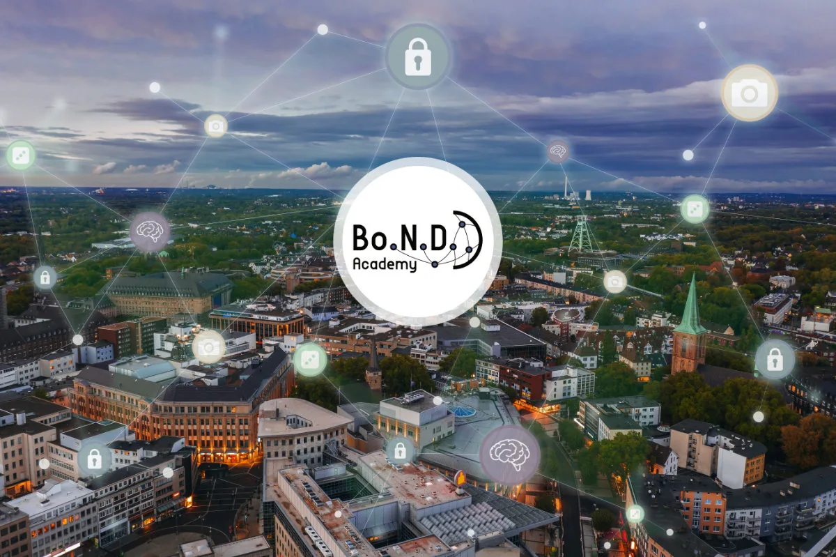 Bo.N.D – Academy in Bochum: Luftbild von Bochum mit eingeblendeten Schlosssymbolen und dem Logo der Bo.N.D-Academy.