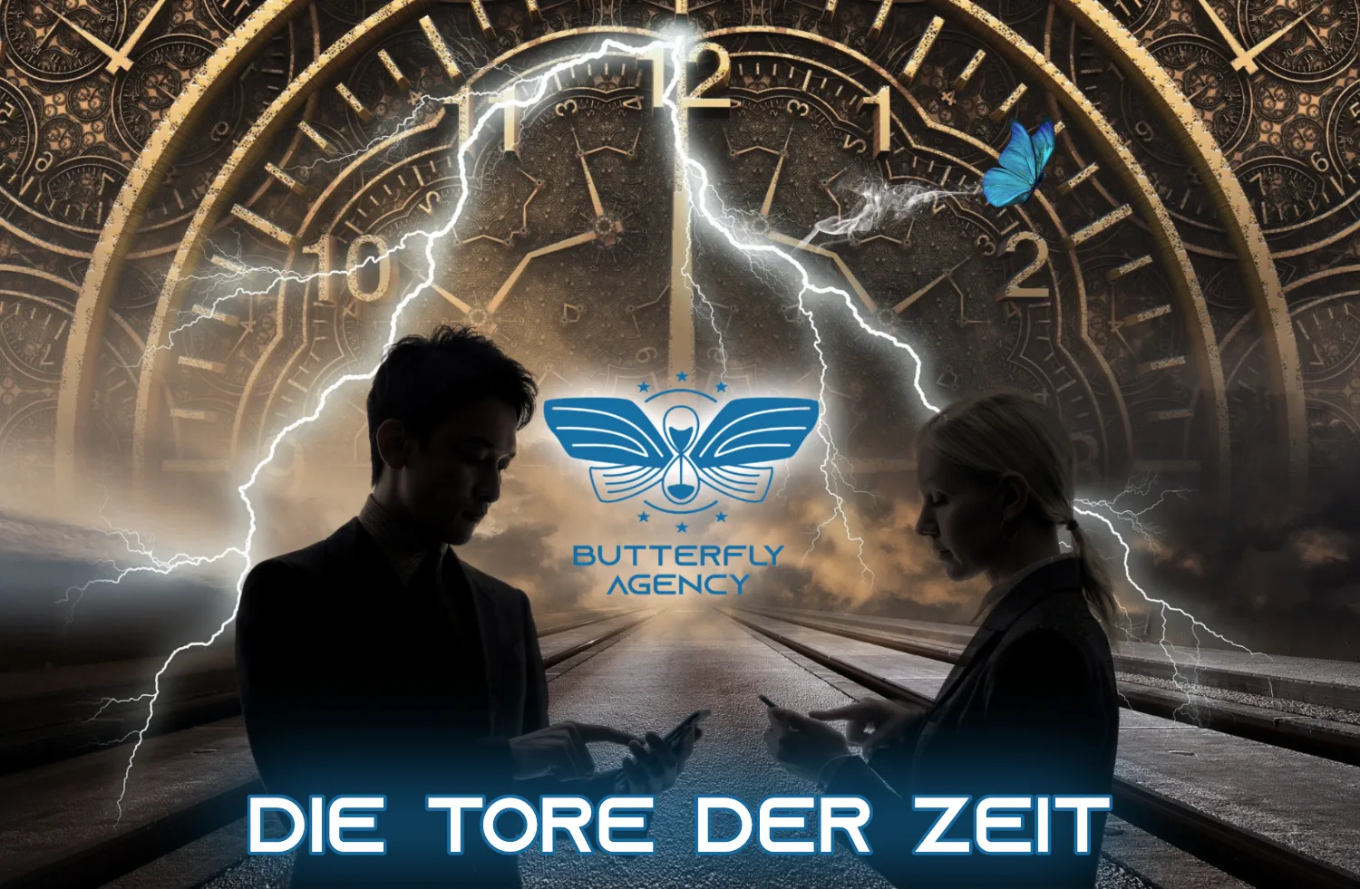 Titelbild „Die Tore der Zeit“: zwei Silhouetten vor einem Zifferblatt mit dem Logo der Butterfly Agency in Bochum.